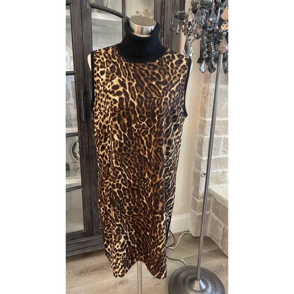 Lauren Ralph Lauren Leopard Sleeveless Turtle Neck Silk  Sweater Back Dress Sz L